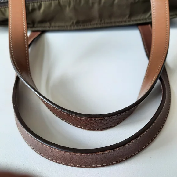 PRADA Vela Saffiano Leather Tessuto Tote Zip Green Enamel Triangle Logo Tan Bag